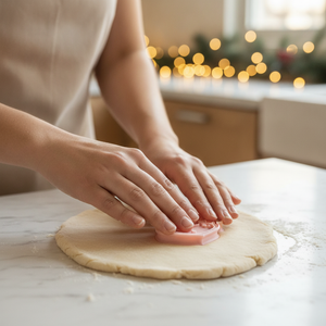 Manos presionando cortador galleta Santa Claus sobre masa extendida