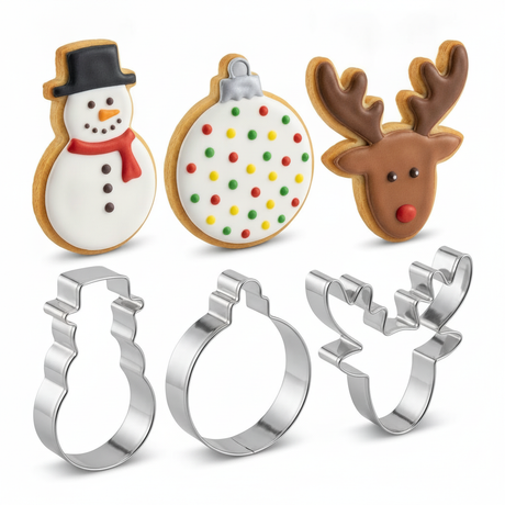 Set 3 cortadores galletas navidad metal muñeco reno esfera vista frontal