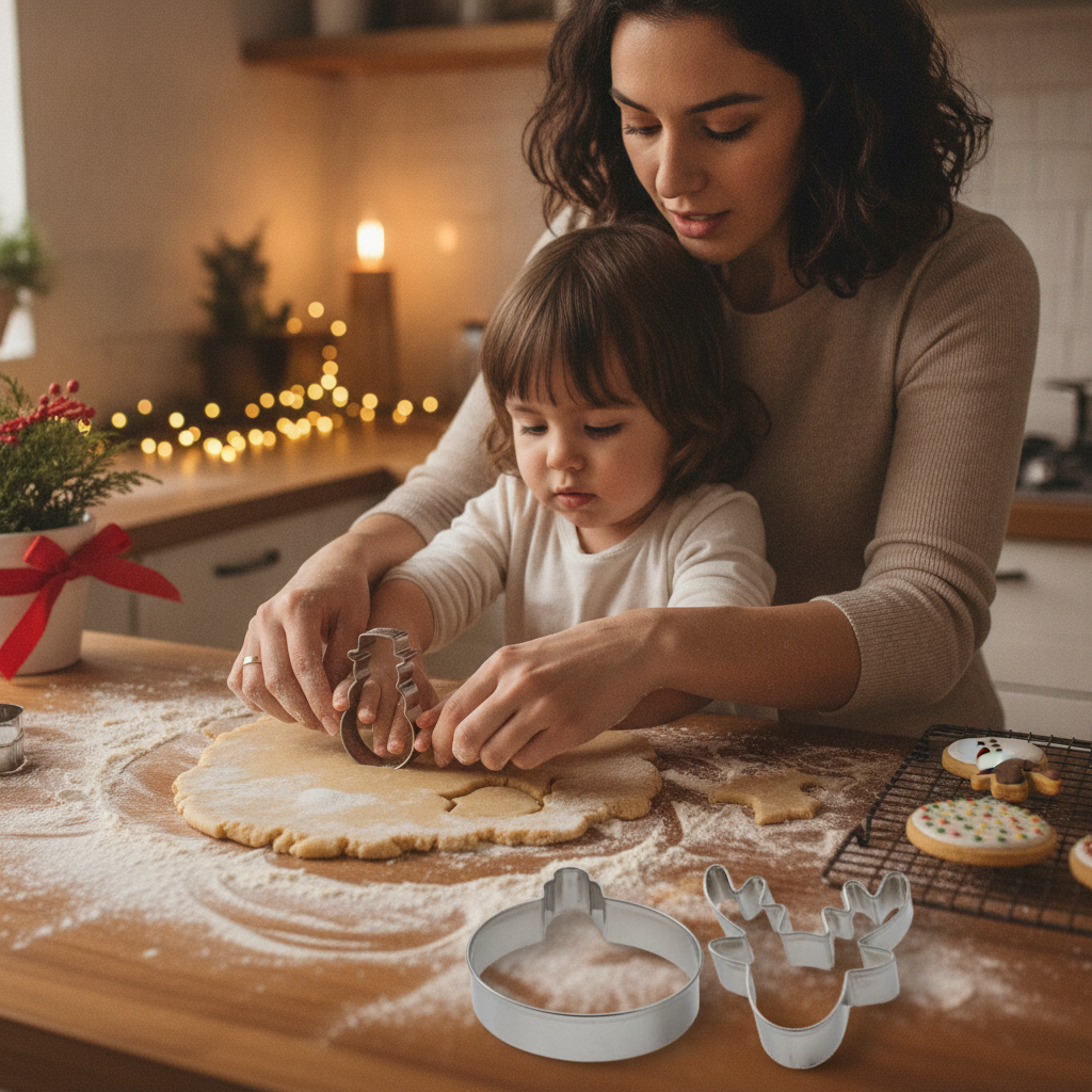 Madre e hijo usando cortadores galletas navidad metal cocina chilena