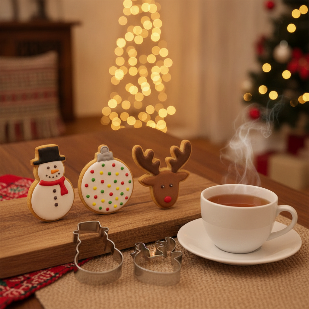 Galletas navideñas decoradas junto a cortadores metal mesa navidad hogar