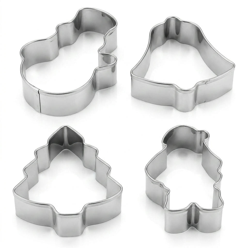 Set 4 cortadores galletas navidad acero inoxidable vista superior fondo blanco