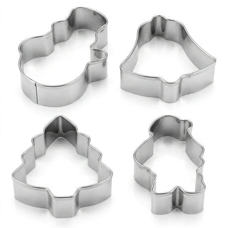 Set 4 cortadores galletas navidad acero inoxidable vista superior fondo blanco