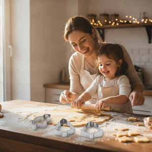 Mamá e hija cortando masa galletas navideñas con moldes acero inox cocina chilena
