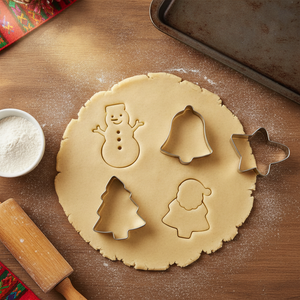 Moldes navideños galletas acero inox sobre masa extendida mesa cocina hogar