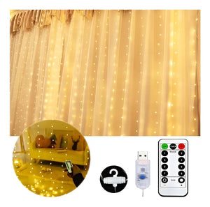 Cortina luces LED 300 LED USB control remoto cálida vista frontal fondo blanco