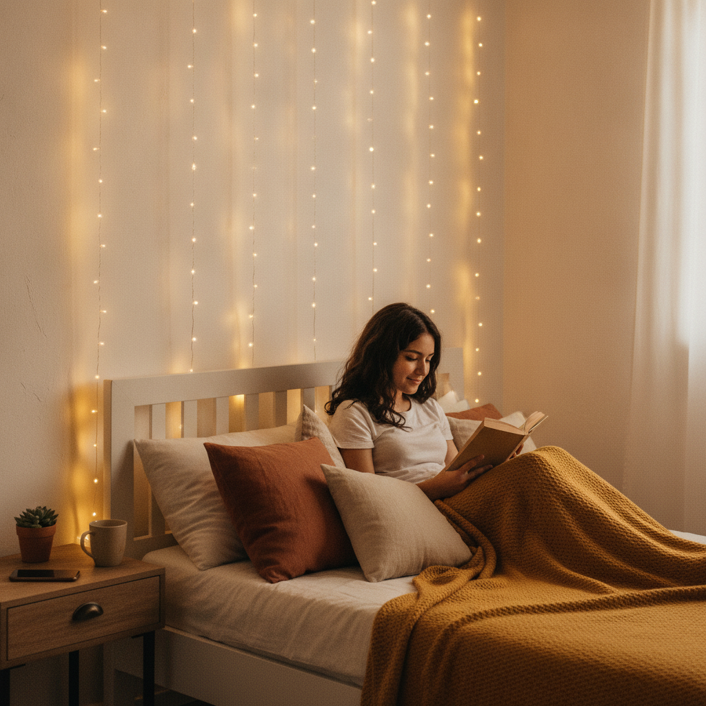 Cortina luces LED dormitorio chileno respaldo cama luz cálida ambiente romántico