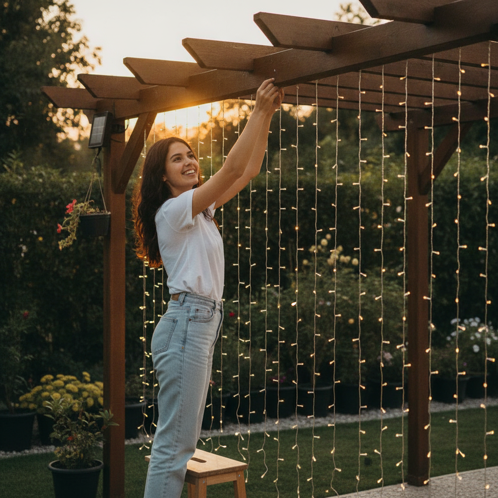 Mujer instalando cortina luces LED solar jardín exterior luz cálida decorativa