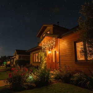 Cortina luces solar carámbano decorando fachada casa chilena de noche