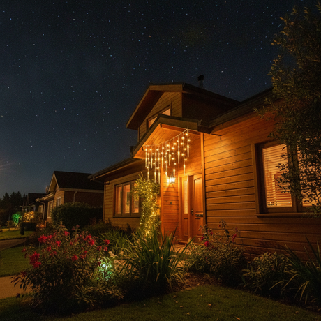 Cortina luces solar carámbano decorando fachada casa chilena de noche