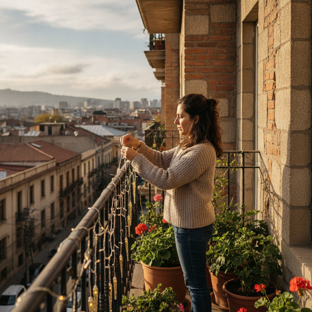 Mujer instalando cortina luces solar balcón decoración navidad hogar chileno