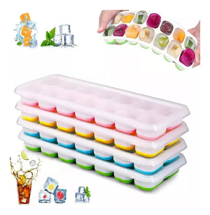 Cubetera hielo silicona tapa plastico 14 cubos colores apilable vista frontal