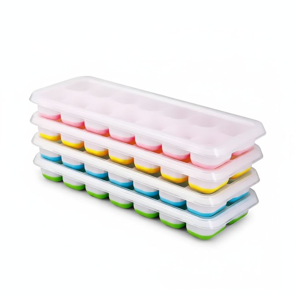 Cubetera hielo silicona tapa plastico 14 cubos colores apilable vista frontal