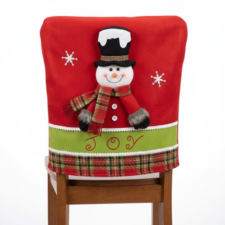 Funda silla navidad mono nieve rojo JOY vista frontal sobre silla madera
