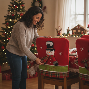 Mujer chilena colocando funda silla navideña muñeco nieve comedor hogar