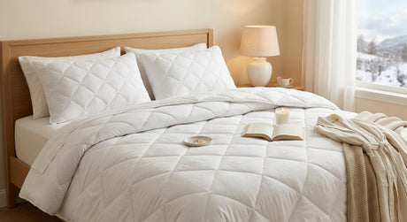 Cubrecama matrimonial blanco extendido en cama dormitorio chileno invierno
