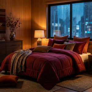Cubrecama 2 plazas burdeo cama matrimonial decoración dormitorio chileno luz natural
