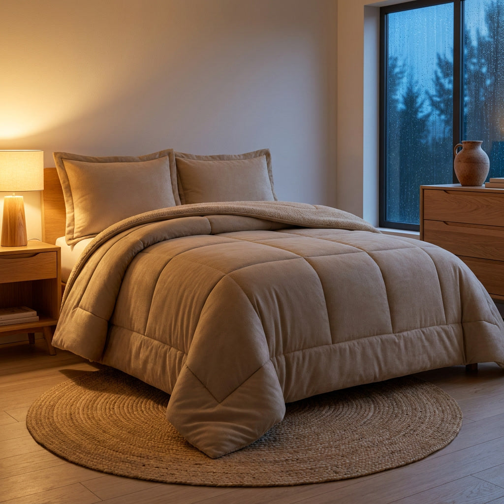 Cubrecama cobertor invierno 2 plazas beige microfibra Martiné en maleta PVC vista frontal