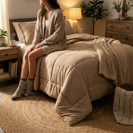 Cobertor cubrecama matrimonial beige sobre cama en dormitorio chileno invierno