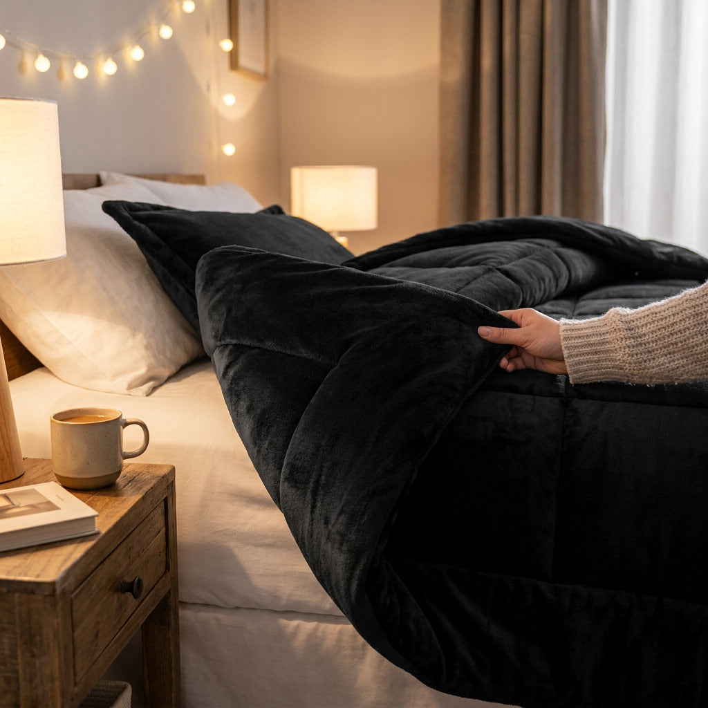 Cubrecama negro microfibra cama 2 plazas habitación moderna luz natural