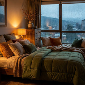 Cobertor 2 plazas verde microfibra cama matrimonial apartamento moderno Chile