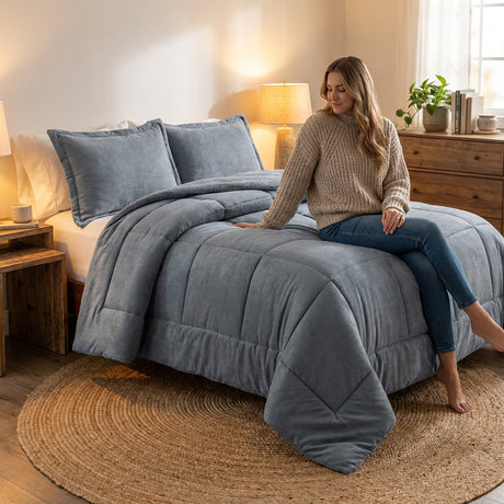 Cobertor gris matrimonial sobre cama en dormitorio chileno invierno ambiente acogedor