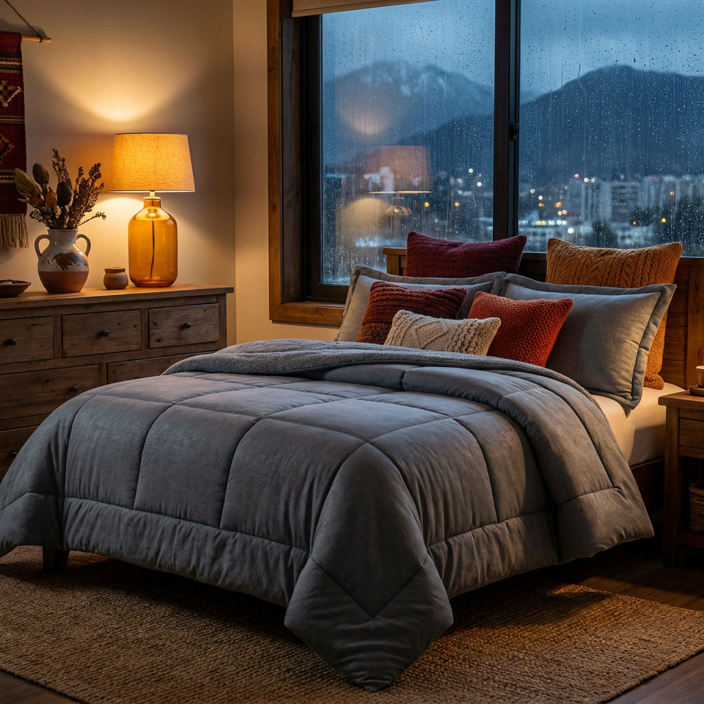 Cubrecama gris 230x250 cm decoracion dormitorio moderno hogar chileno luz natural