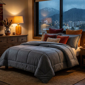Cubrecama gris 230x250 cm decoracion dormitorio moderno hogar chileno luz natural