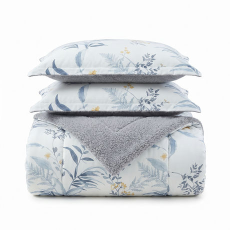 Cubrecama sherpa floral azul blanco cama 2 plazas dormitorio chileno invierno
