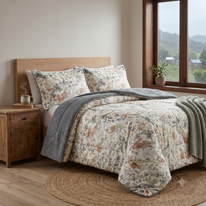 Cubrecama sherpa 2 plazas Martiné Ruby estampado floral vista frontal fondo blanco