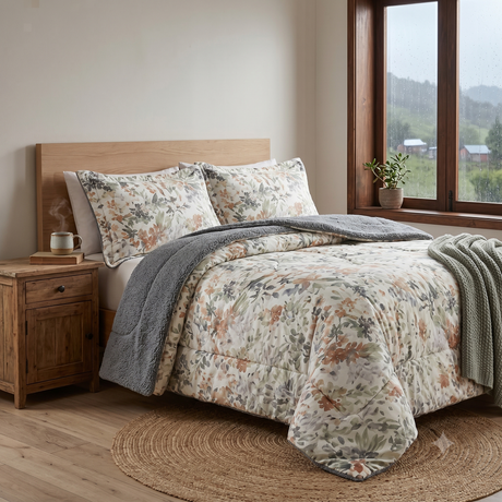 Cubrecama sherpa 2 plazas Martiné Ruby estampado floral vista frontal fondo blanco