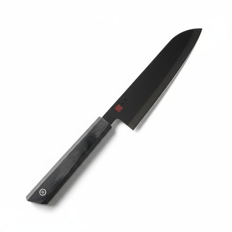 Cuchillo santoku Wayu hoja negra mango pakka vista frontal fondo blanco