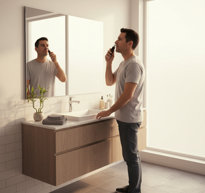 Afeitadora nasal negra sobre mesón mármol baño junto accesorios grooming masculino