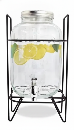 Dispensador bebidas vidrio 5 litros soporte hierro canilla acero vista frontal