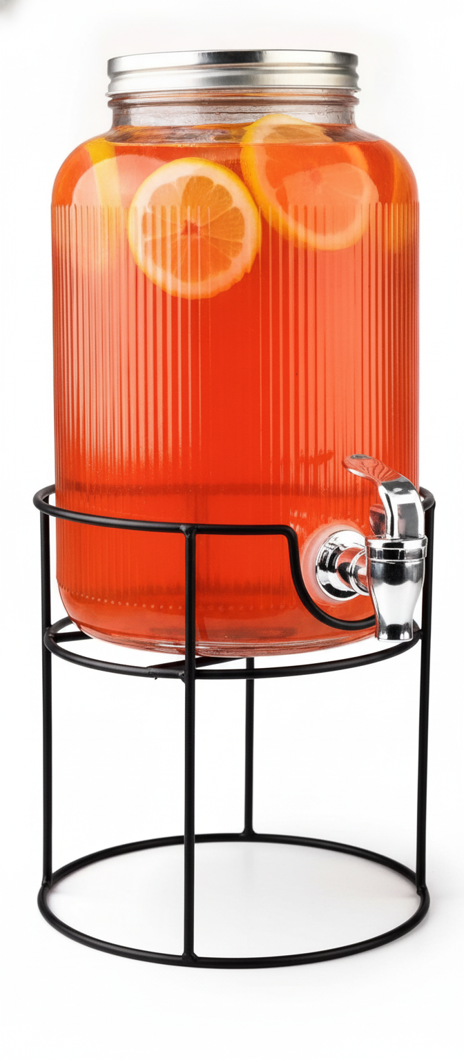 Dispensador de jugos vidrio acanalado 3.8L grifo cromado soporte metal vista frontal