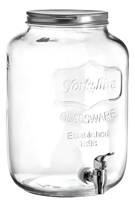 Dispensador vidrio vintage 5 litros con grifo plateado vista frontal fondo blanco