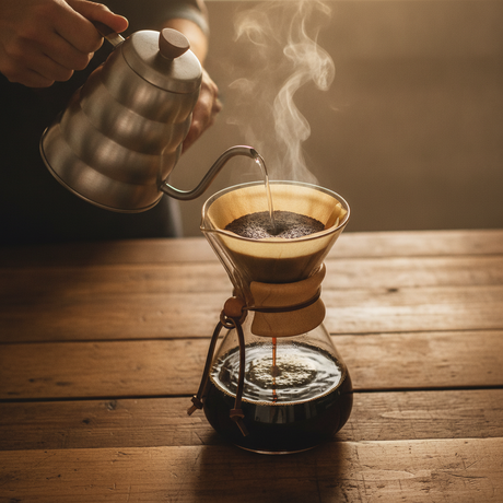 Dripper V60 vertiendo café artesanal en cocina chilena vapor mañana