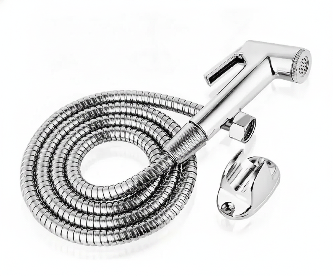 Ducha bidet cromada con manguera flexible acero inoxidable soporte vista frontal