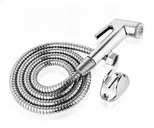 Ducha bidet cromada con manguera flexible acero inoxidable soporte vista frontal