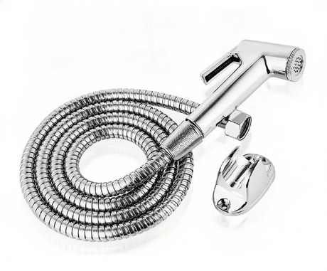 Ducha bidet cromada con manguera flexible acero inoxidable soporte vista frontal