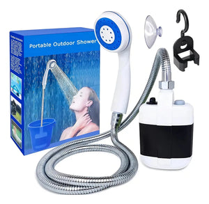 Ducha portátil camping sumergible blanca con manguera metálica vista frontal