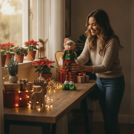 Mujer chilena decorando living con duende navideño tela 45cm