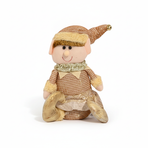 Duende navideño peluche dorado 25cm posición sentada vista frontal