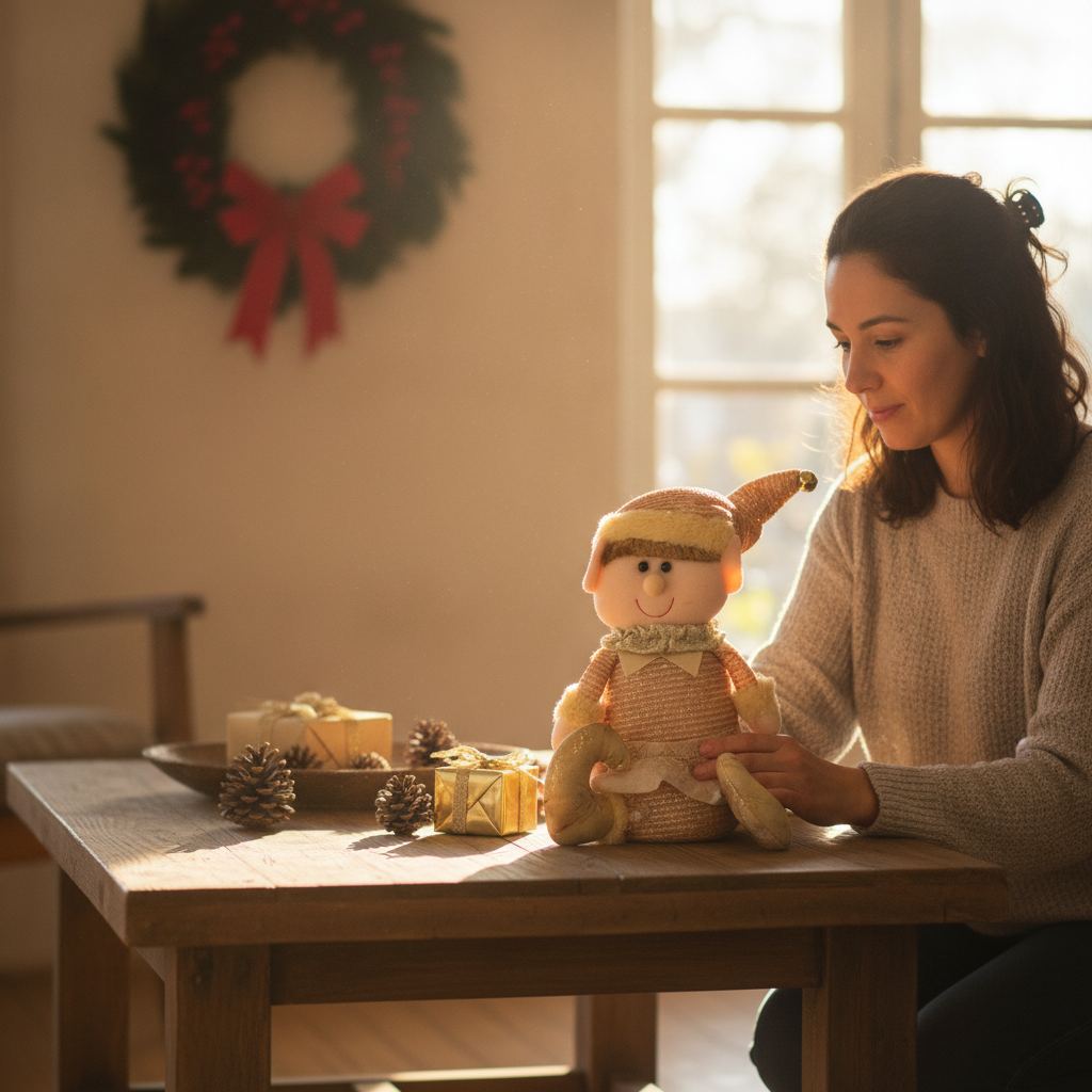 Mujer decorando mesa centro con duende navideño dorado tela