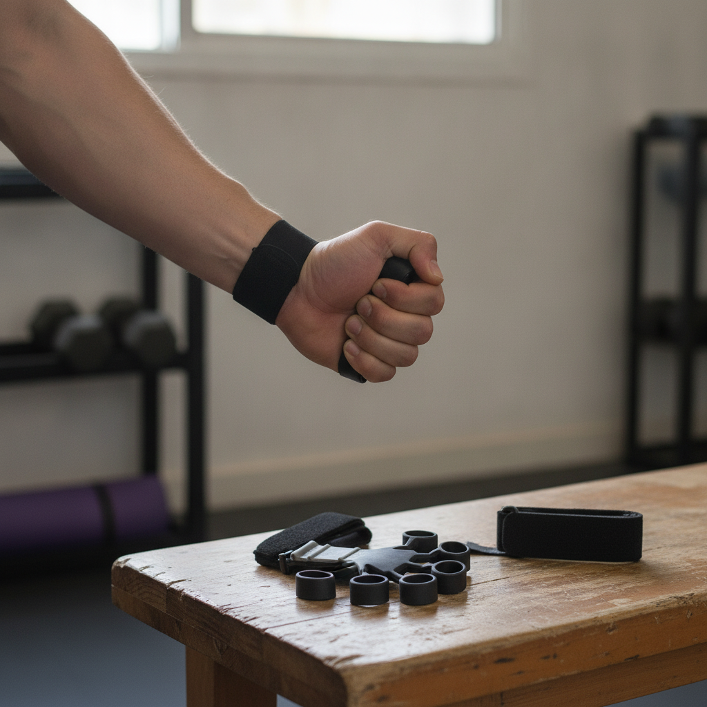 Persona entrenando agarre con hand grip silicona en gimnasio chileno
