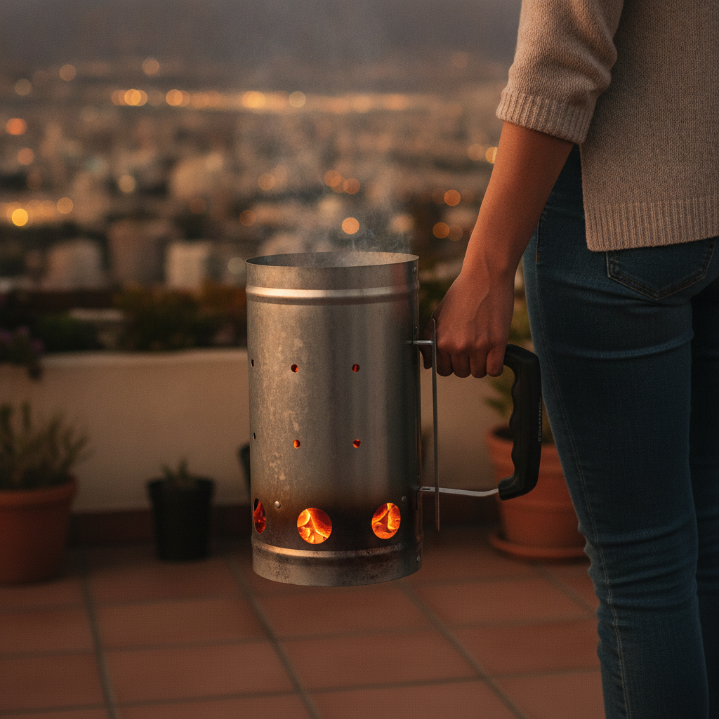 Chimenea iniciadora carbon mujer terraza hogar chileno encendido seguro