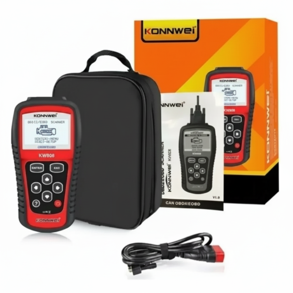 Escáner automotriz OBD2 Konnwei KW808 pantalla LCD rojo negro vista frontal