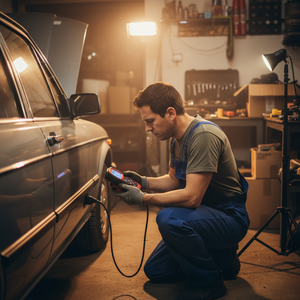 Hombre usando escáner automotriz multimarca en taller moderno Chile