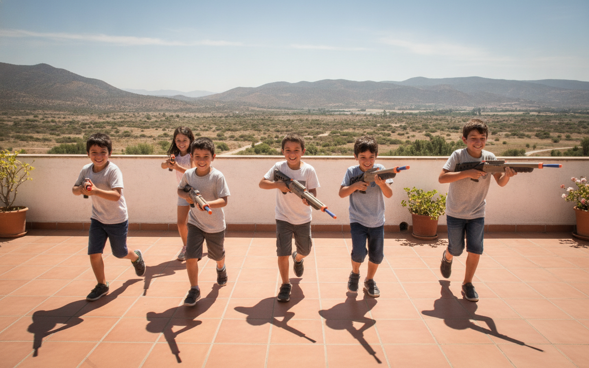 Grupo niños chilenos jugando con armas juguete dardos en terraza soleada