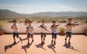 Grupo niños chilenos jugando con armas juguete dardos en terraza soleada