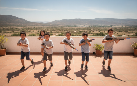 Grupo niños chilenos jugando con armas juguete dardos en terraza soleada